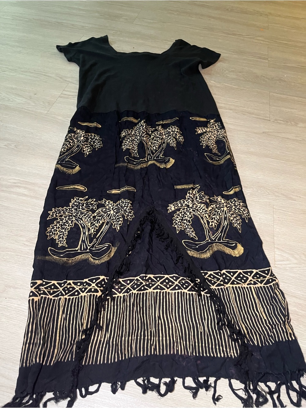 Kosi Bali Black & Gold Palm-Print Cotton Maxi Dress Lightweight Resort Style M